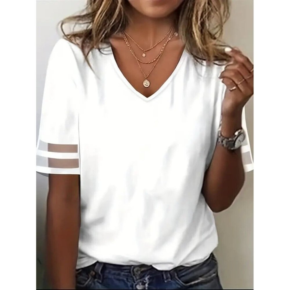 White V-Neck Dressy Top Plus Size 3XL (18) Silky Short Colorblock Sleeve Elegant